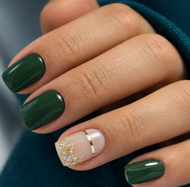 Esmaltado semipermanente verde oscuro con una uña nude con brillos y línea dorada