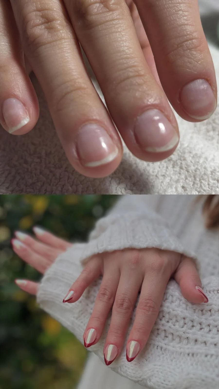 Antes y después: uñas naturales cortas y, debajo, soft gel con francesita bordó y efecto perlado