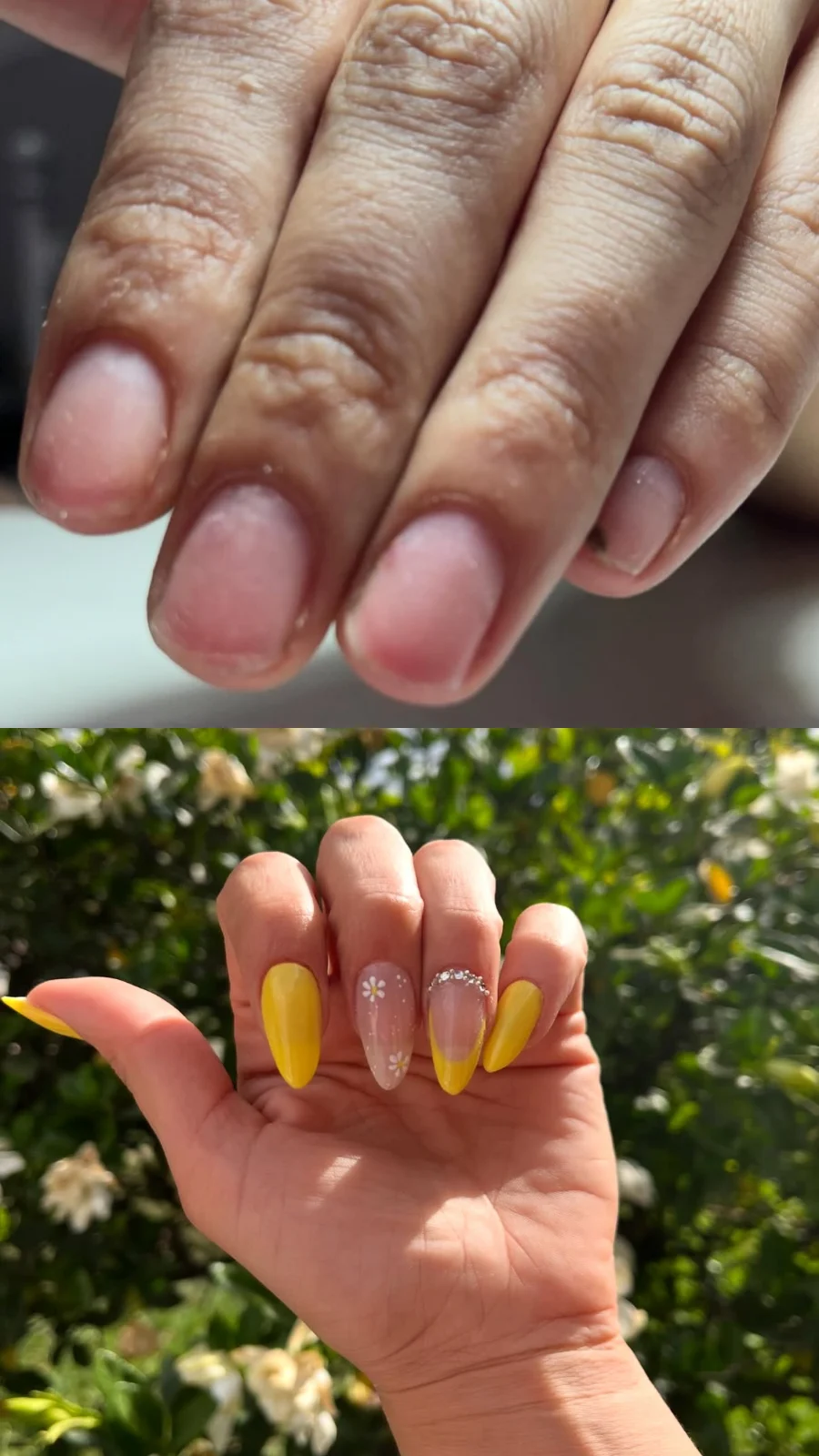 Antes y después: uñas naturales cortas y, debajo, soft gel amarillas con margaritas y strass