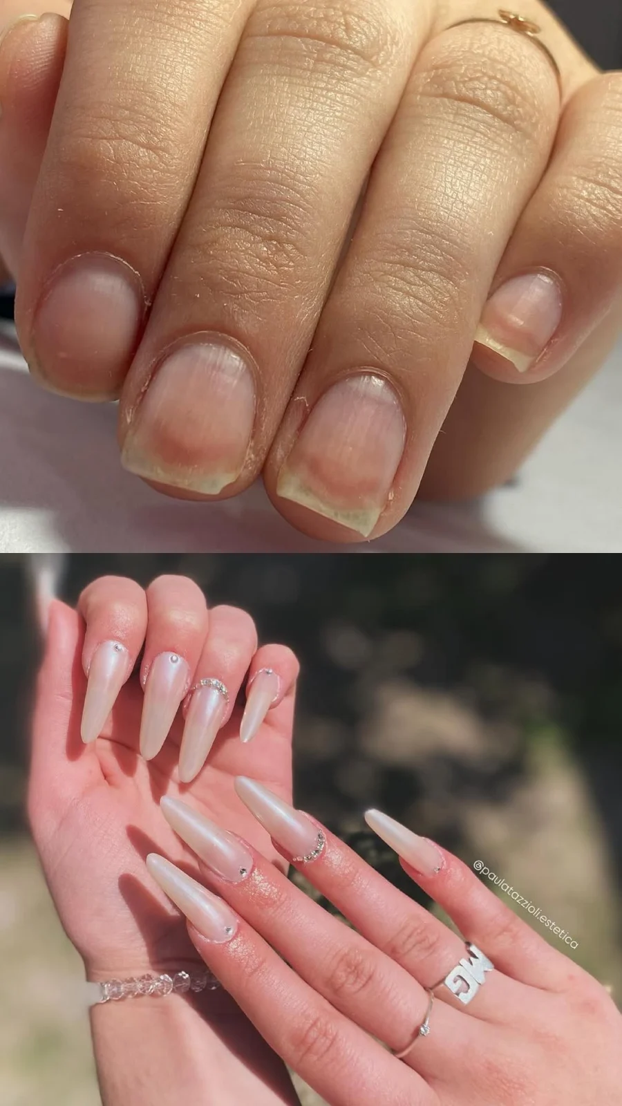 Antes y después: uñas naturales cortas y, debajo, soft gel largas nacaradas con strass