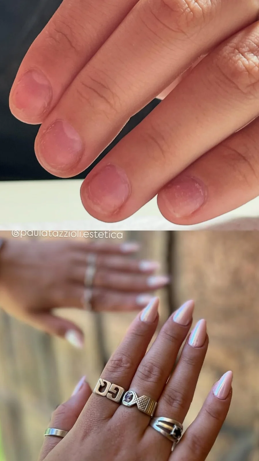 Antes y después: uñas naturales cortas y, debajo, soft gel lisas almendradas en nude con efecto perlado
