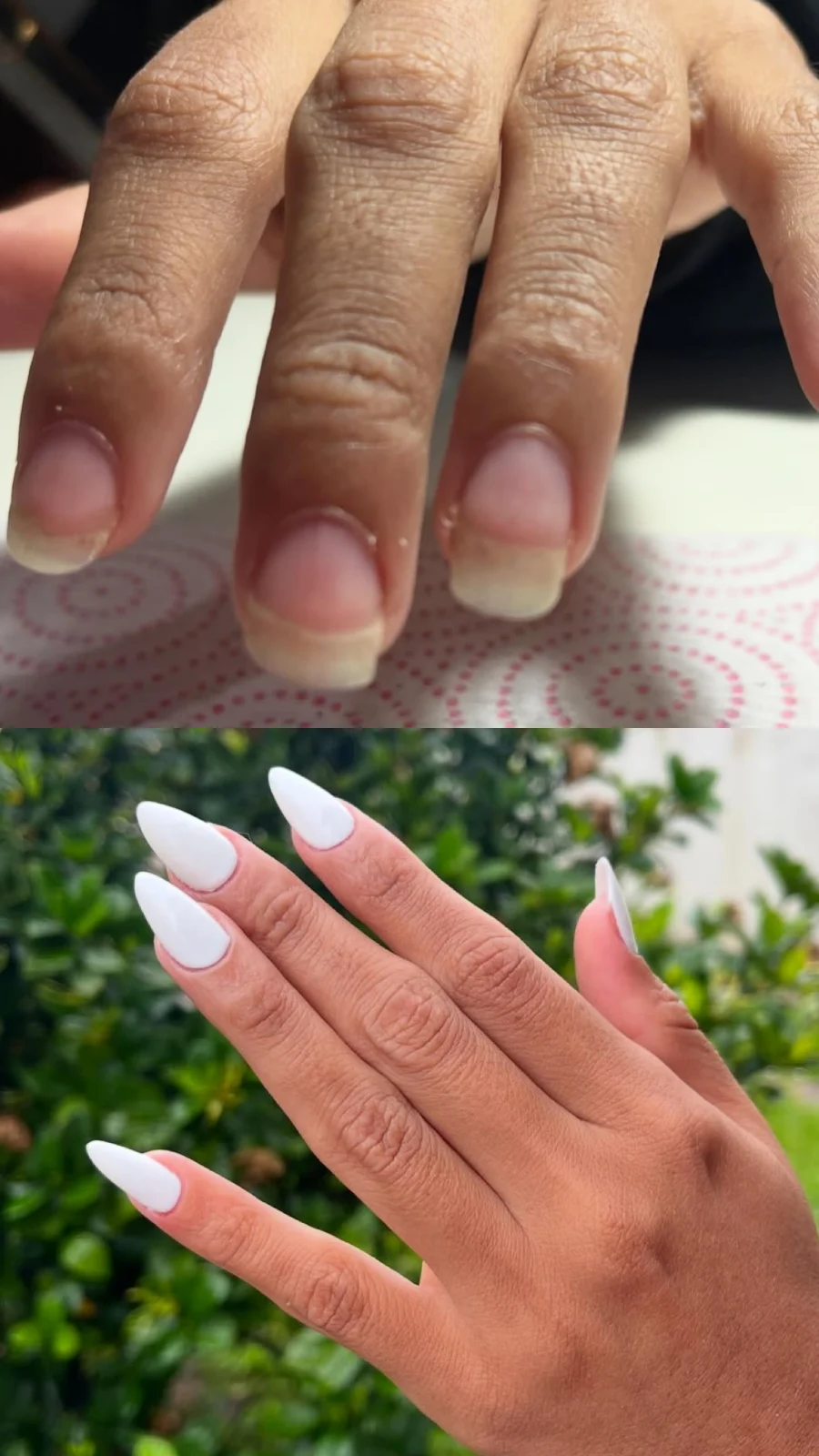 Antes y después: uñas naturales cortas y, debajo, soft gel lisas almendradas en blanco