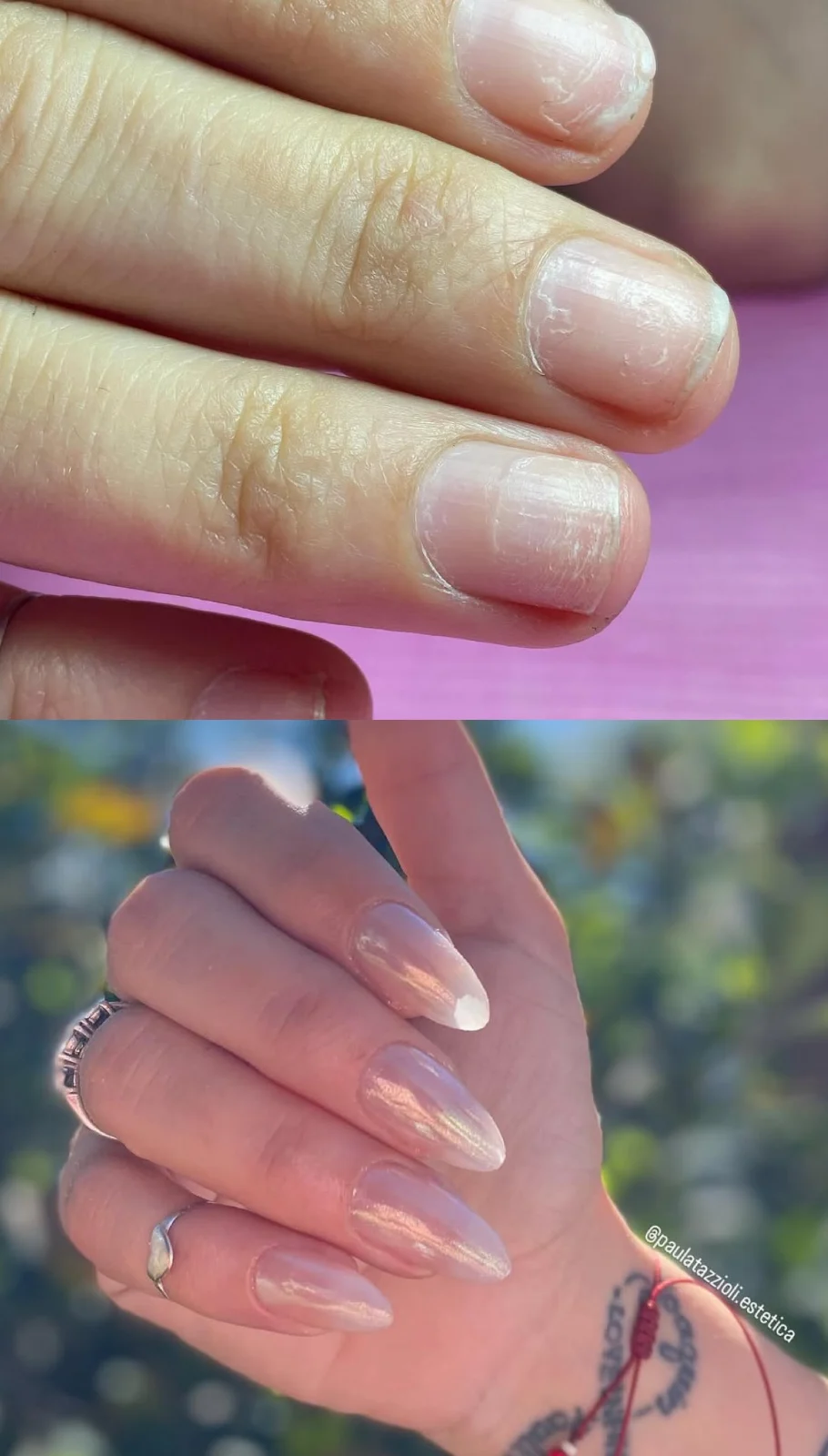 Antes y después: uñas naturales cortas y, debajo, soft gel lisas almendradas en rosa nacarado